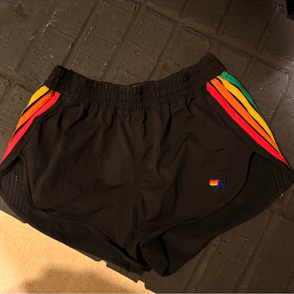 Aviator Nation Black Shorts with Rainbow Logo Accent